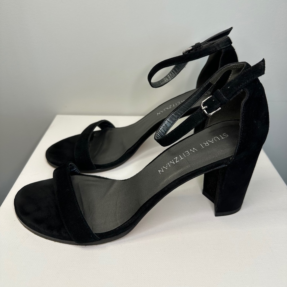 Black suede Stuart Weitzman sandal heels